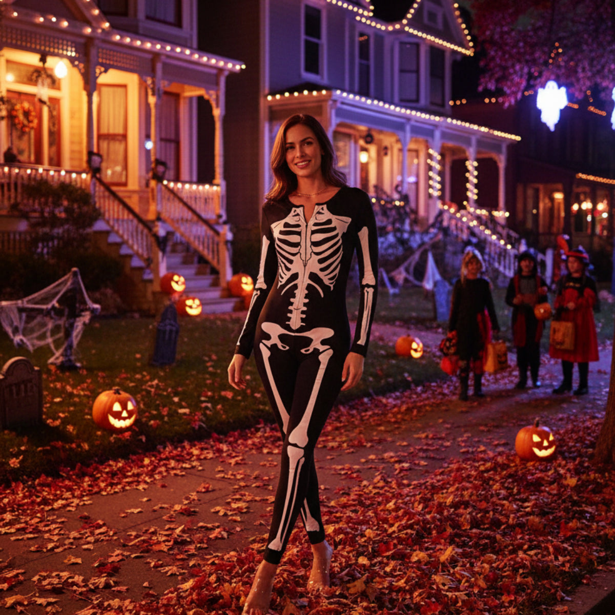 Dame Skelet Heldragt | Elastisk Stof Med Lynlåslukning Foran | Helkropskostume Til Halloween & Karneval | Vanero