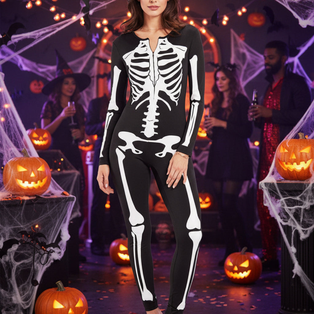 Dame Skelet Heldragt | Elastisk Stof Med Lynlåslukning Foran | Helkropskostume Til Halloween & Karneval | Vanero