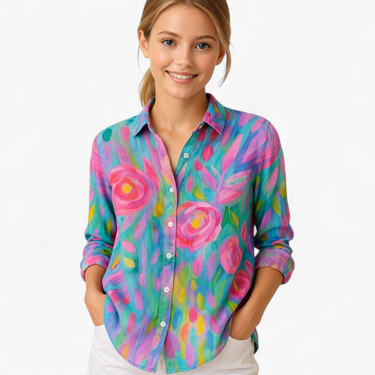 Trykt Bluse Til Dame | Rosa Basis & Flerfarvet Kunstnerisk Mønster | Overdel I S–5XL Til Hverdag & Ferie | Vanero