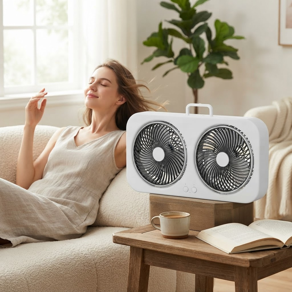 Dobbelt USB-Ventilator Med 360° Rotation | USB-C Genopladelig Dobbeltmotor Køling | Bærbar Til Indendørs Og Udendørs Brug | Vanero