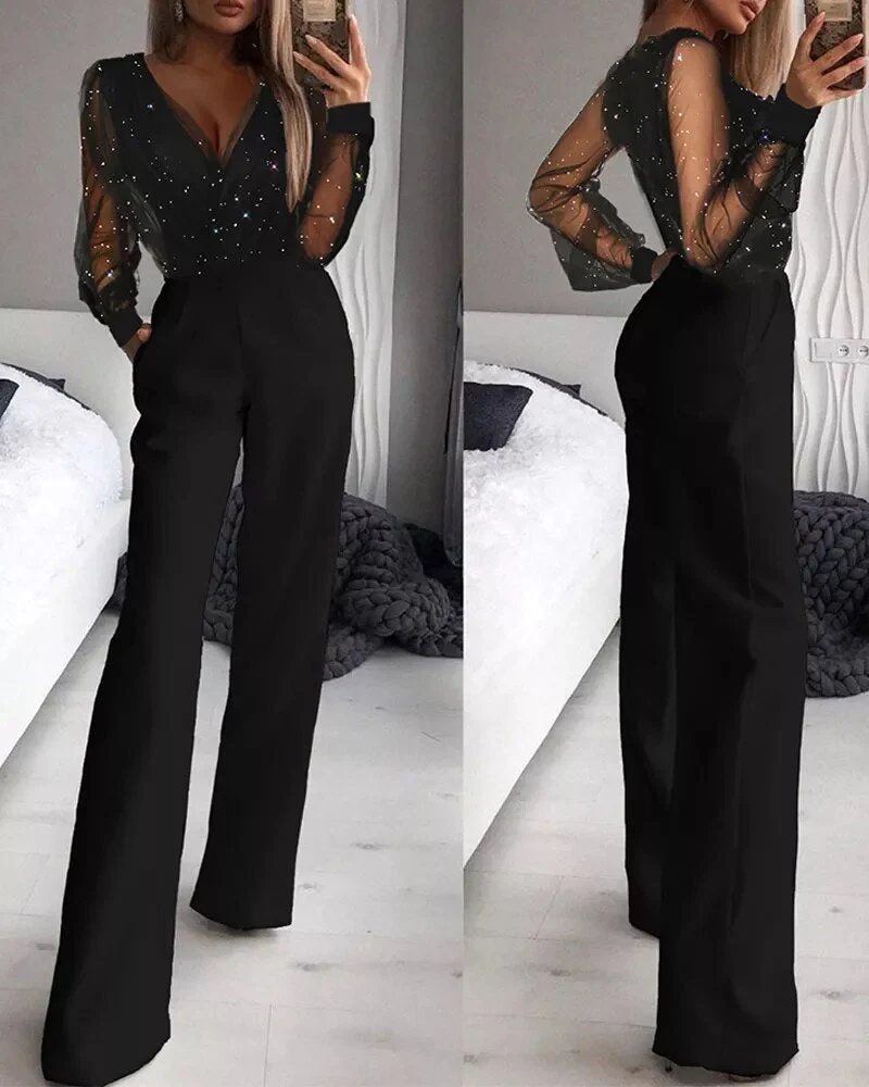 Dame Jumpsuit Polyester Materiale | Almindelig Pasform Glitter Jumpsuit | Gennemsigtige Lange Ærmer Til Fest & Aftenbrug | Vanero