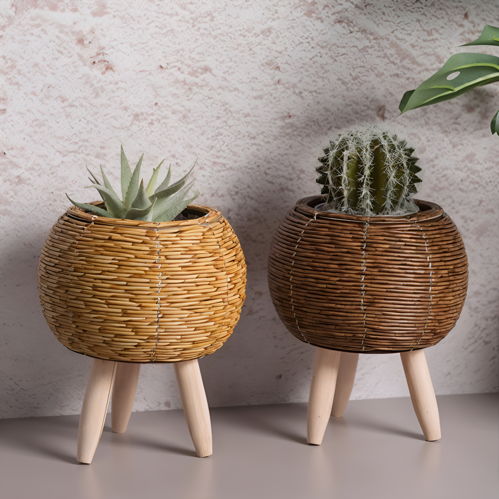 Rattan-Look Plantekrukke Kurvedesign | Flettet Struktur Syntetisk Konstruktion | Indendørs Overdækket Terrasse & Plantebrug | Vanero
