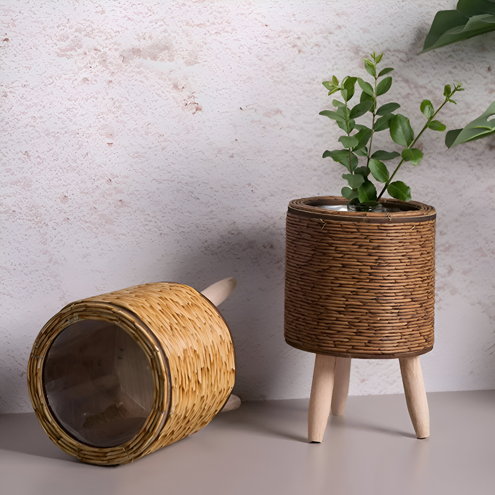 Rattan-Look Plantekrukke Kurvedesign | Flettet Struktur Syntetisk Konstruktion | Indendørs Overdækket Terrasse & Plantebrug | Vanero