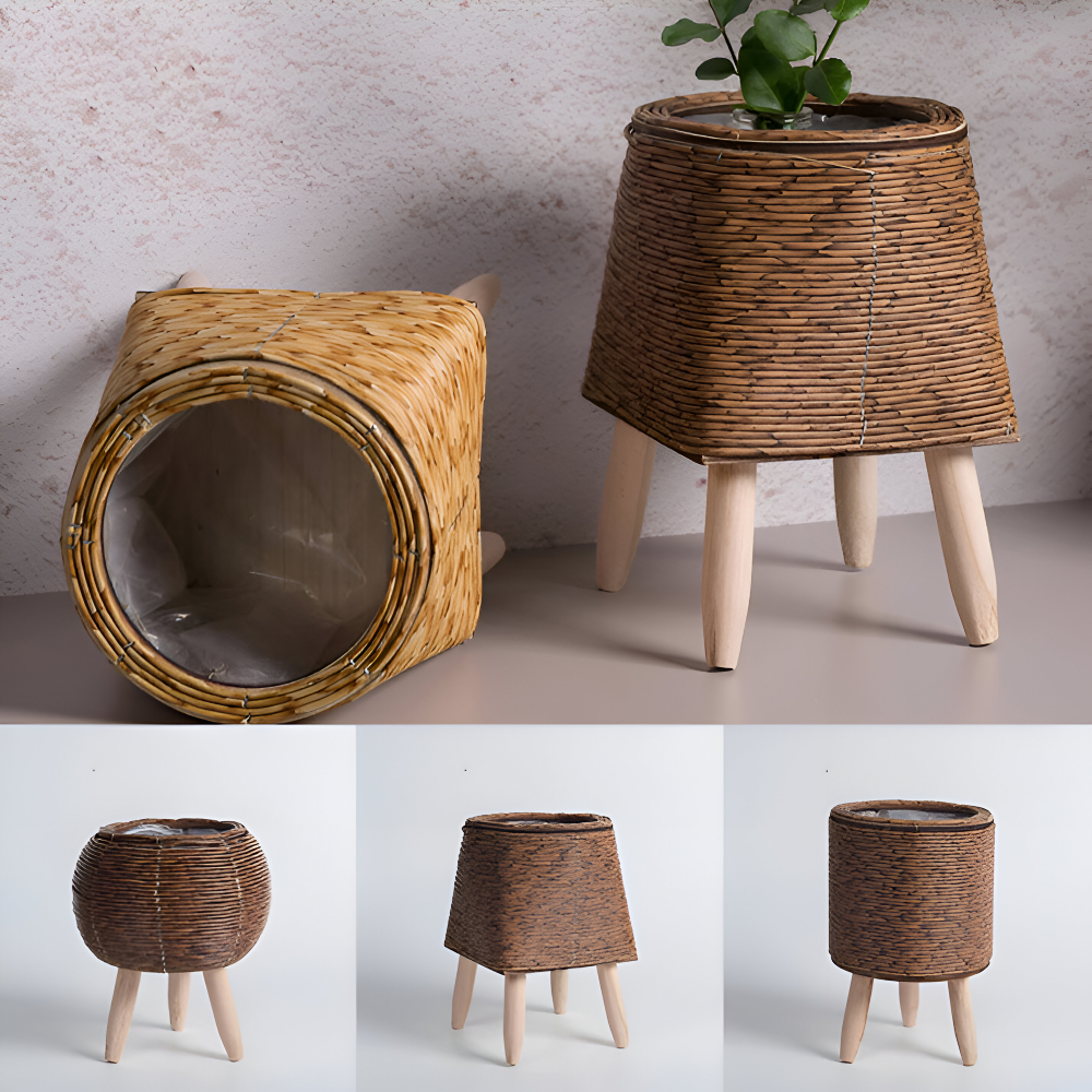 Rattan-Look Plantekrukke Kurvedesign | Flettet Struktur Syntetisk Konstruktion | Indendørs Overdækket Terrasse & Plantebrug | Vanero