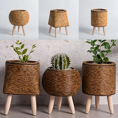 FauxWicker Pot | Håndlavet Rustik Rattan Plantekrukke - Dekorativ Blomsterkurv | Vanero