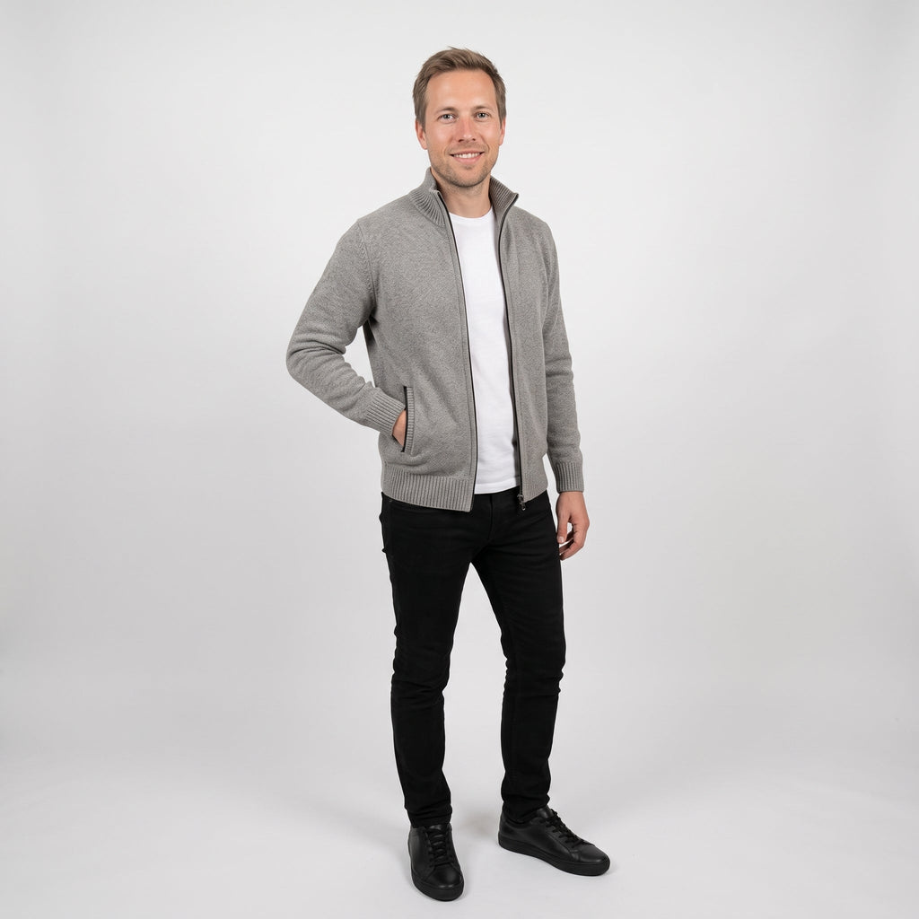 Strikjakke Med Lynlås Til Herre | Polyesterblanding & Ståkrave | Regular Fit Med Ribkanter & Sidelommer | Vanero