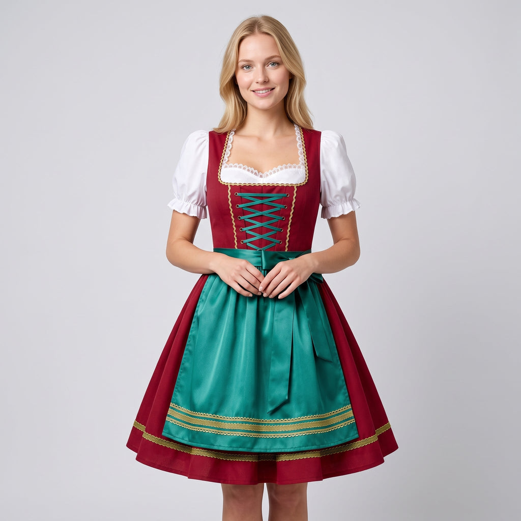 Dame Oktoberfest Kjole i Polyester | Snøredetalje & Forklæde | Korte Puffærmer Til Folkefester & Temafester | Vanero