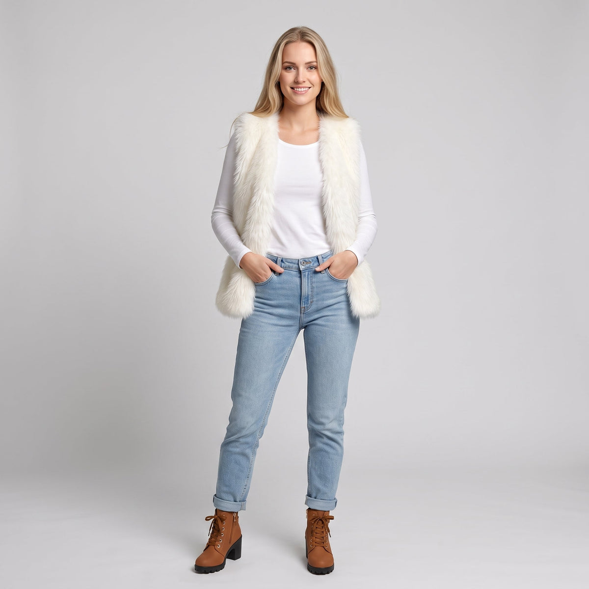 Dame Kunstpelsvest i Polyester | Løs Pasform & Åben Front | Ærmeløst Overtøj Til Casual Efterårs- & Vinterbrug | Vanero