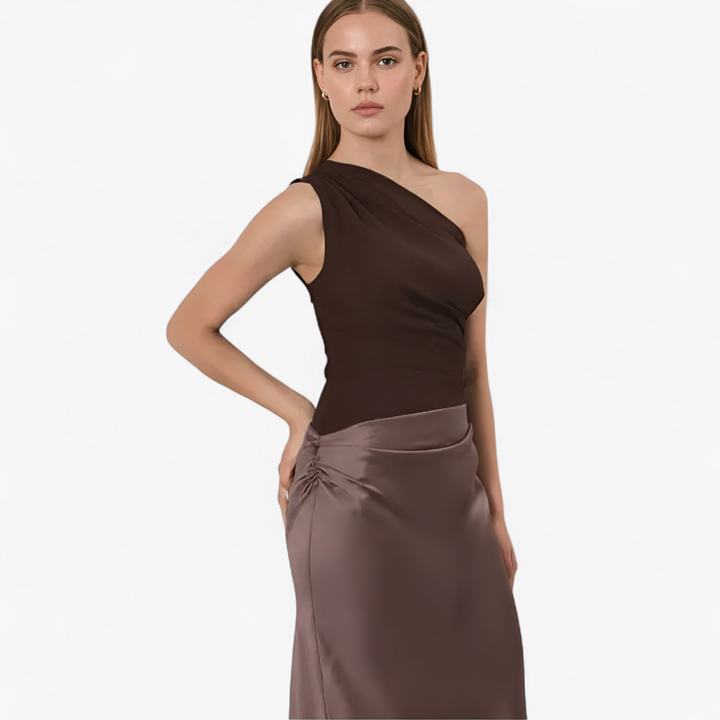 Dame Maxi Kjole i Satin | Asymmetrisk Skulder & Rygfrit Design | Ærmeløs Bodycon Kjole Til Fester & Aftenarrangementer | Vanero