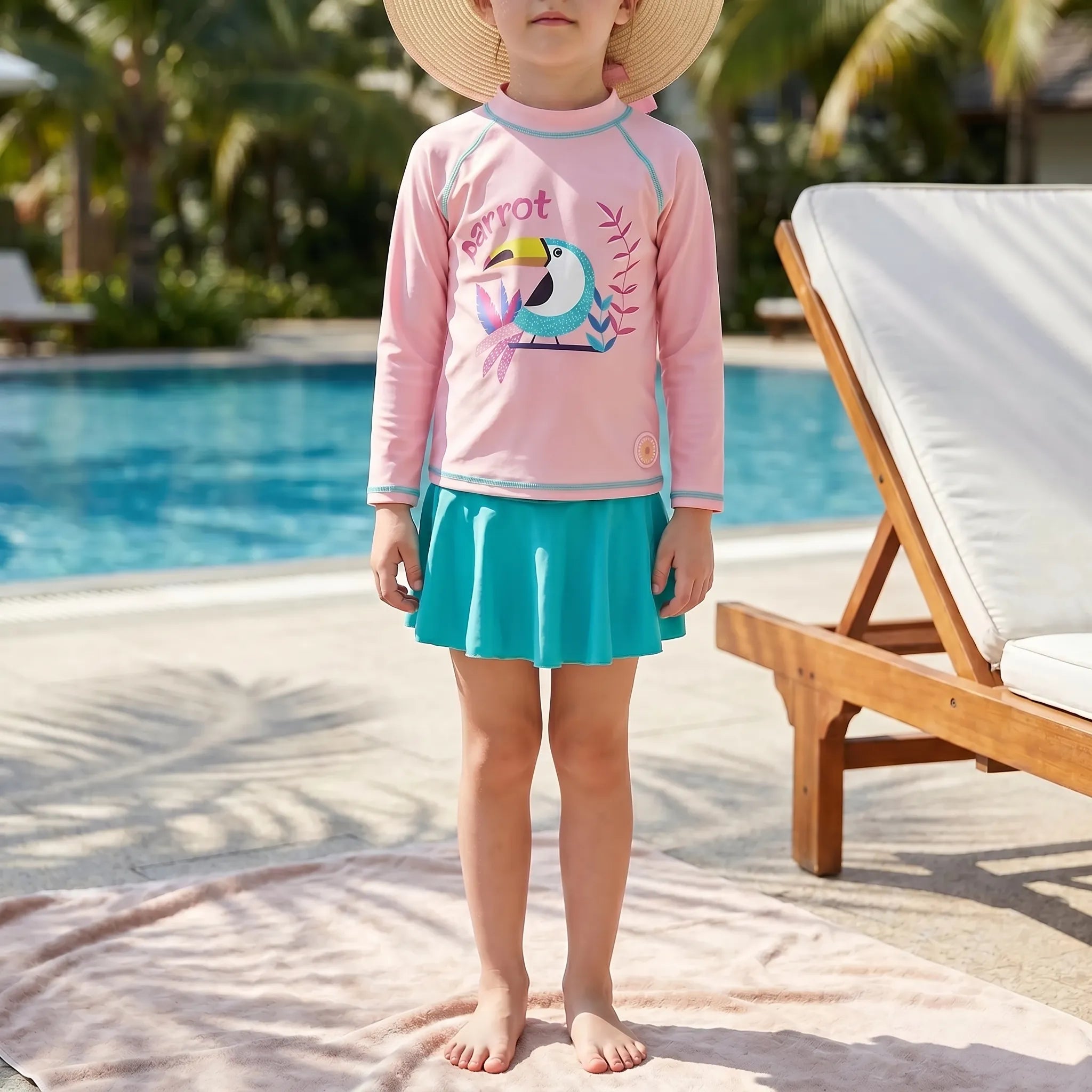 Pige Badesæt | Polyester Elastan 3 Delt Rash Guard Sæt Med Solhat | Strand Og Pool | Vanero
