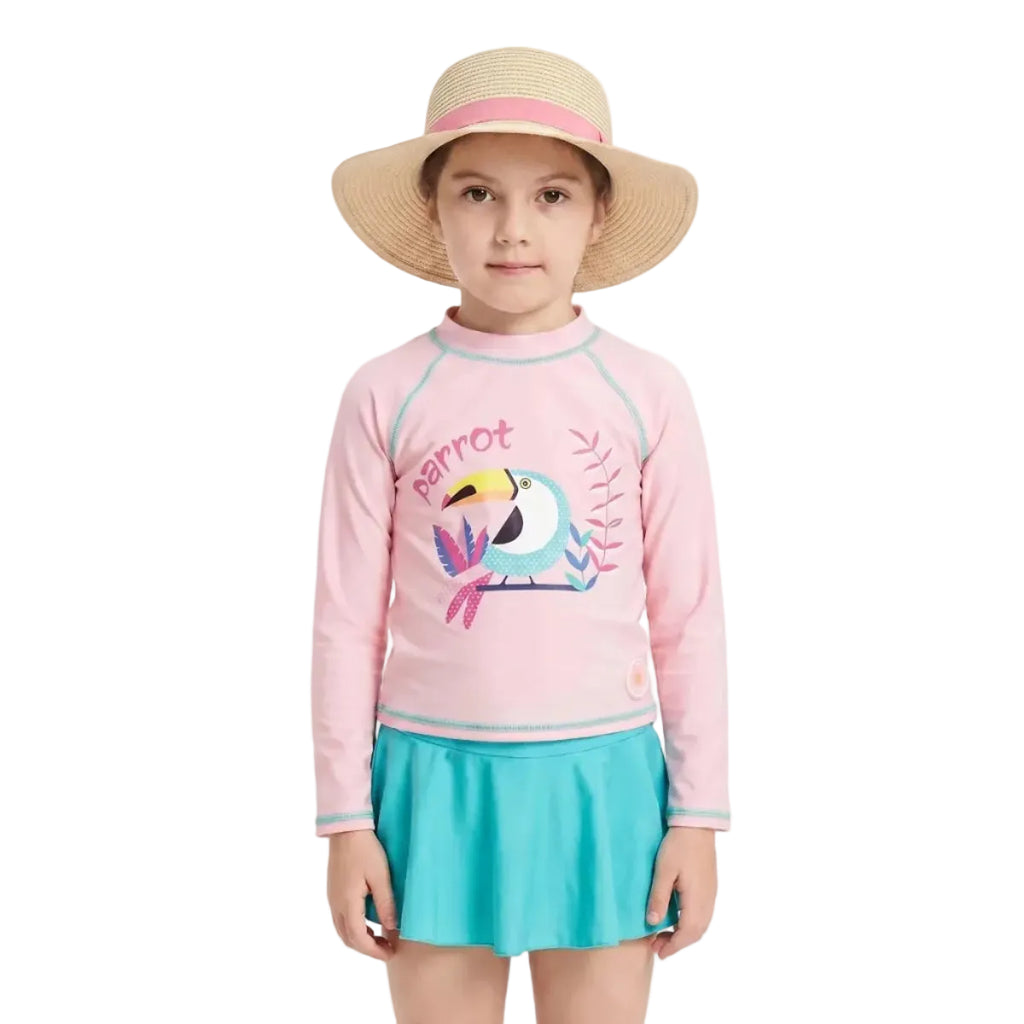 Pige Badesæt | Polyester Elastan 3 Delt Rash Guard Sæt Med Solhat | Strand Og Pool | Vanero