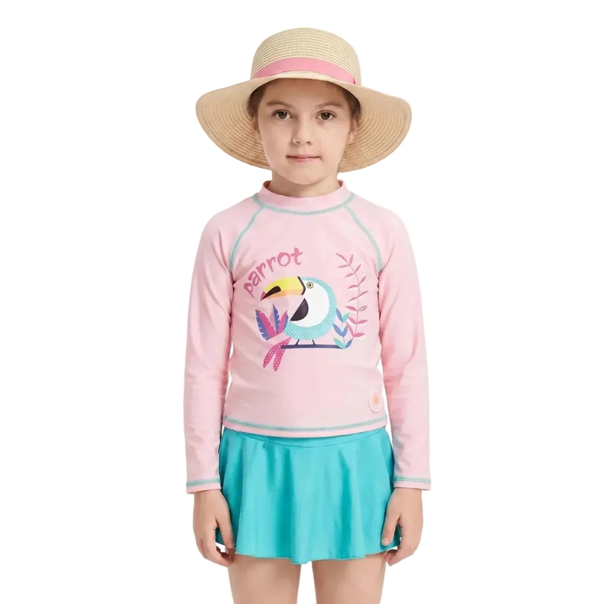Pige Badesæt | Polyester Elastan 3 Delt Rash Guard Sæt Med Solhat | Strand Og Pool | Vanero