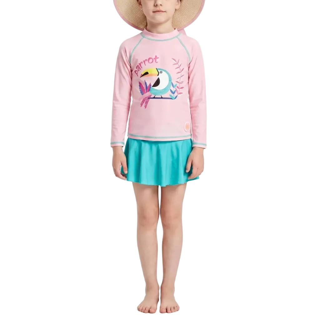Pige Badesæt | Polyester Elastan 3 Delt Rash Guard Sæt Med Solhat | Strand Og Pool | Vanero