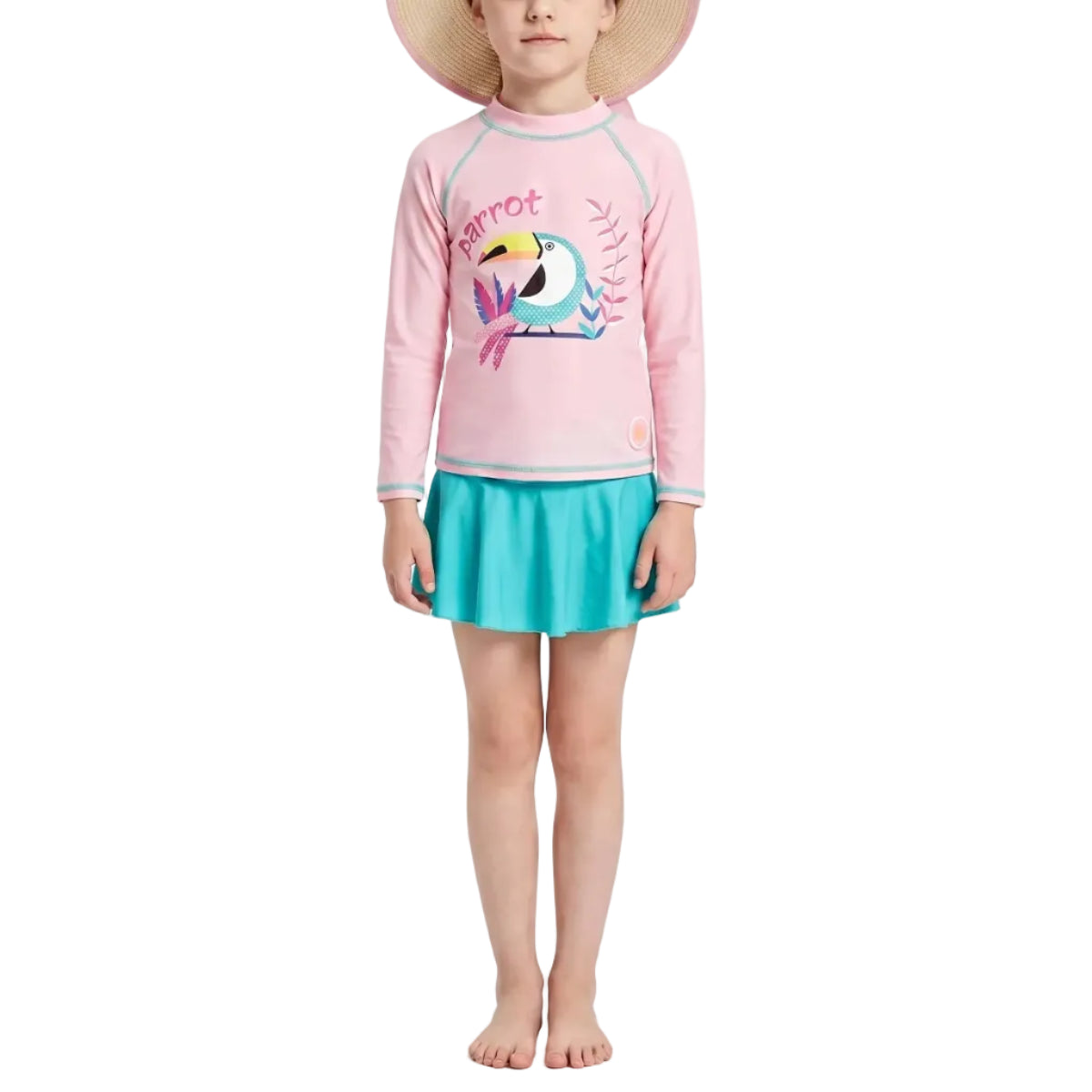 Pige Badesæt | Polyester Elastan 3 Delt Rash Guard Sæt Med Solhat | Strand Og Pool | Vanero