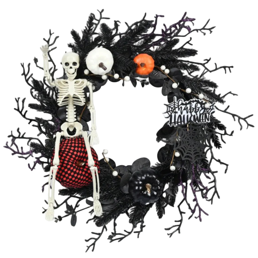 Halloween Krans Plastik | Hængedekoration Med Skelet & Græskar | Til Dør, Væg & Overdækket Udendørs Brug | Vanero
