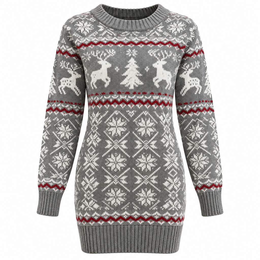 Juleminikjole Til Dame | Rensdyr-, Snefnug- & Juletræsmønster | Elastisk Strik, Slim Fit, Lange Ærmer & Ribkanter | Vanero