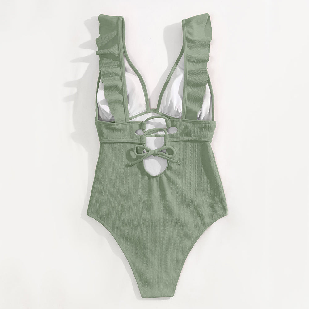 Dame Badedragt | Polyester Badedragt Med Flæsedetaljer Og Bindebånd | Strand Og Pool | Vanero