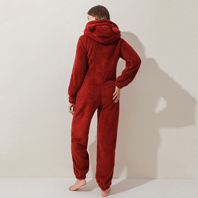 Dame Jumpsuit i Plys | Hætte & Lange Ærmer Med Lynlåslukning | Heldragt Til Vinter, Nattøj & Hjemmebrug | Vanero