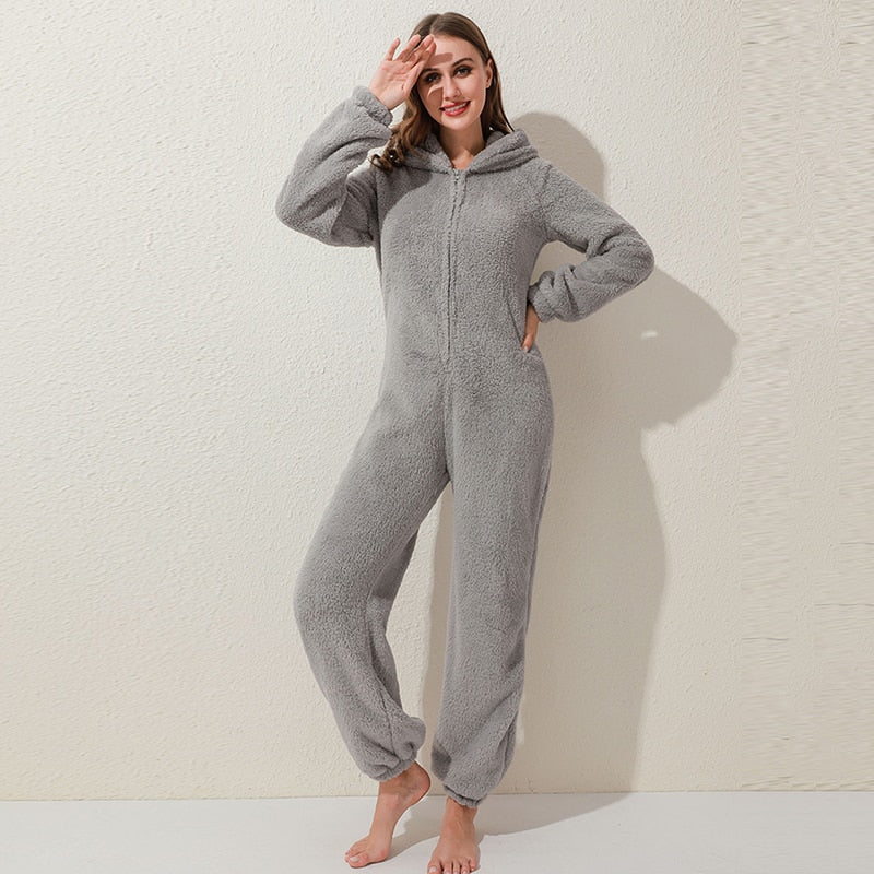 Dame Jumpsuit i Plys | Hætte & Lange Ærmer Med Lynlåslukning | Heldragt Til Vinter, Nattøj & Hjemmebrug | Vanero