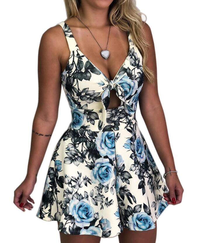 Damekjole Polyester | Afslappet Pasform Kjole | Blomsterprint med Ærmeløs V-Hals til Sommer- og Fritidsbrug | Vanero