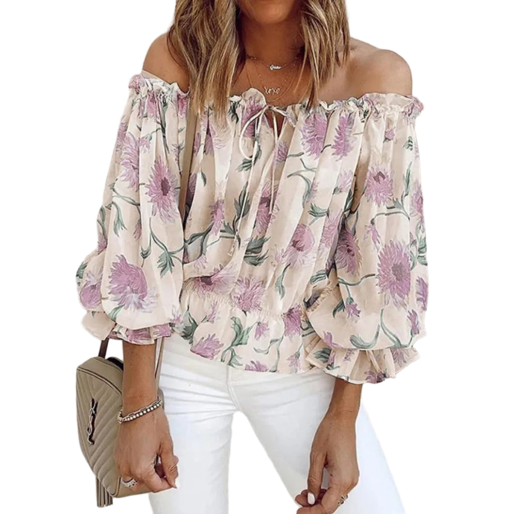 Damebluse Chiffon | Afslappet Pasform Bluse | Blomsterprint med Flæseærmer til Hverdags- og Fritidsbrug | Vanero