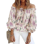 Damebluse Chiffon | Afslappet Pasform Bluse | Blomsterprint med Flæseærmer til Hverdags- og Fritidsbrug | Vanero