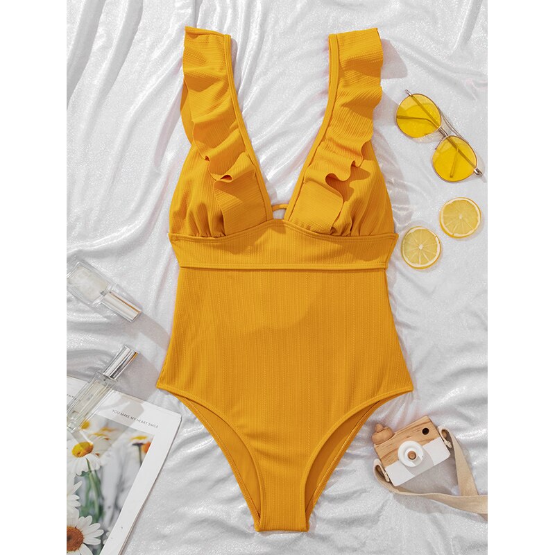 Dame Badedragt | Polyester Badedragt Med Flæsedetaljer Og Bindebånd | Strand Og Pool | Vanero