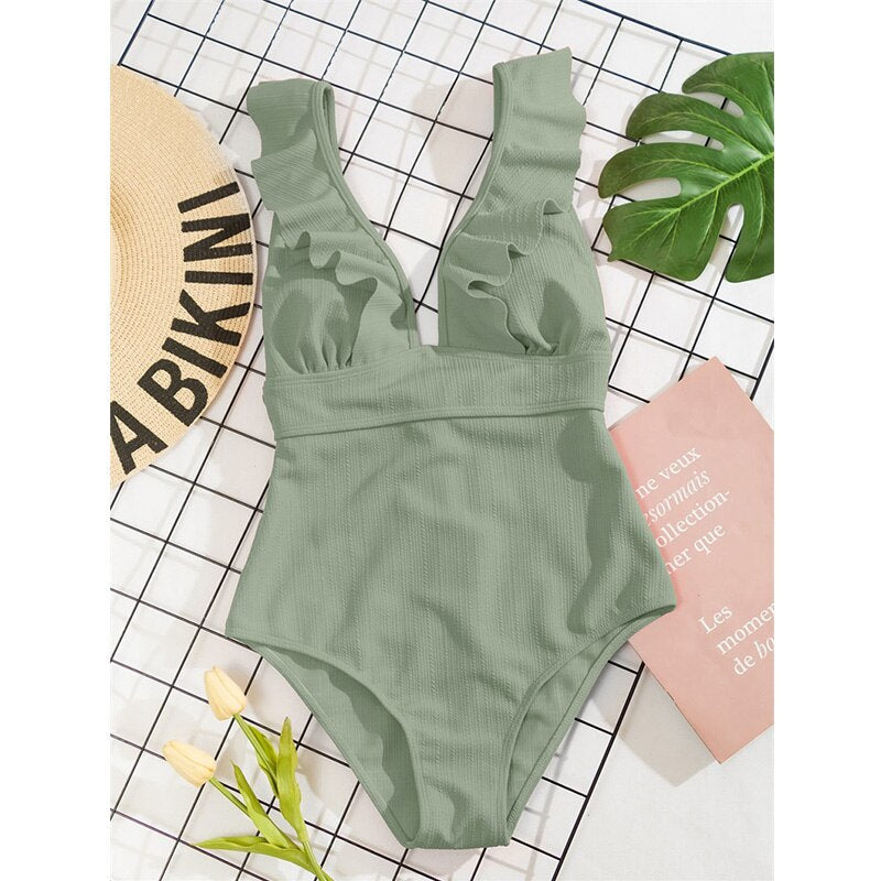 Dame Badedragt | Polyester Badedragt Med Flæsedetaljer Og Bindebånd | Strand Og Pool | Vanero
