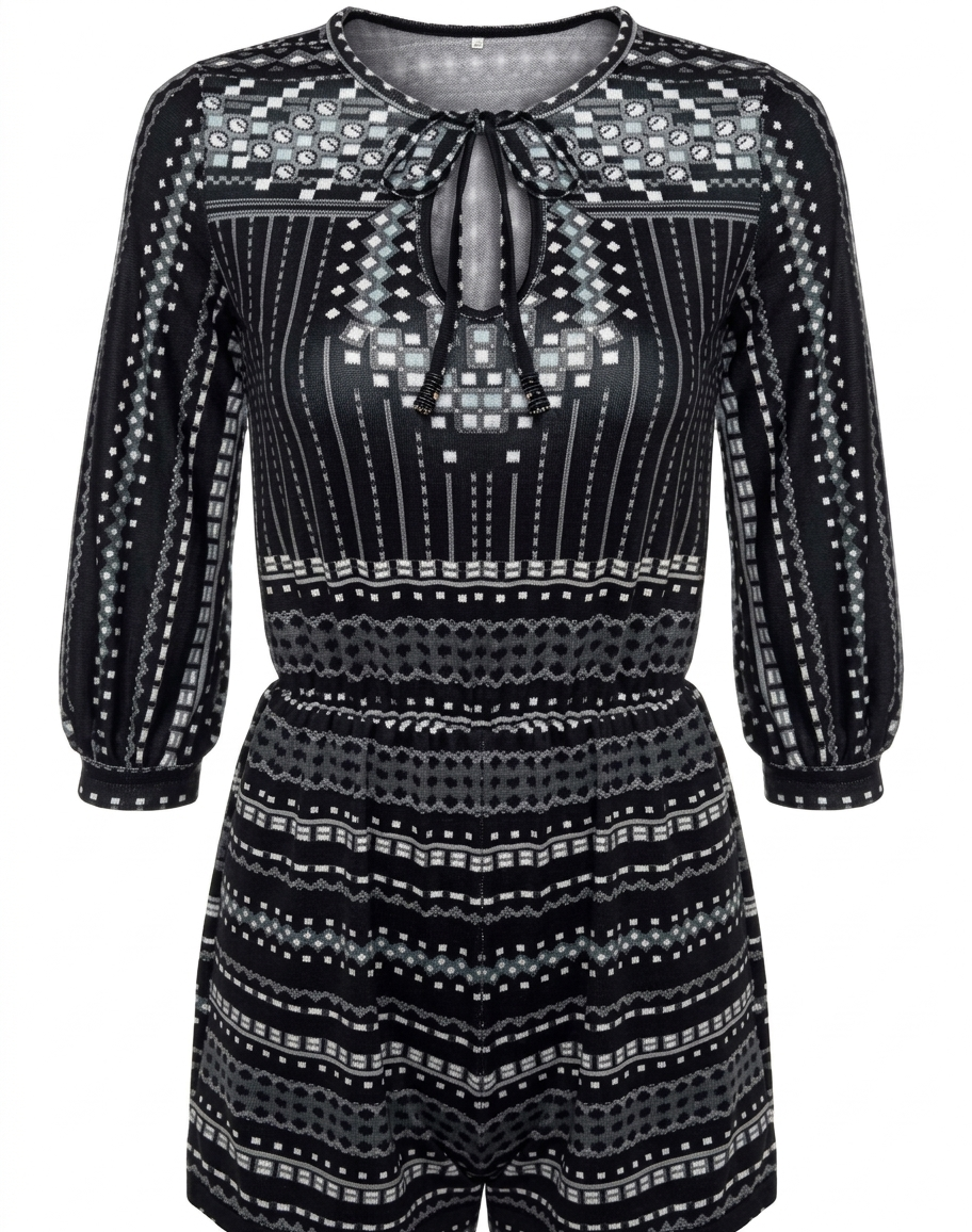 Dame Playsuit | Geometrisk Print Design | V-Hals Kortærmet Jumpsuit | Ferie & Hverdagsbrug | Vanero