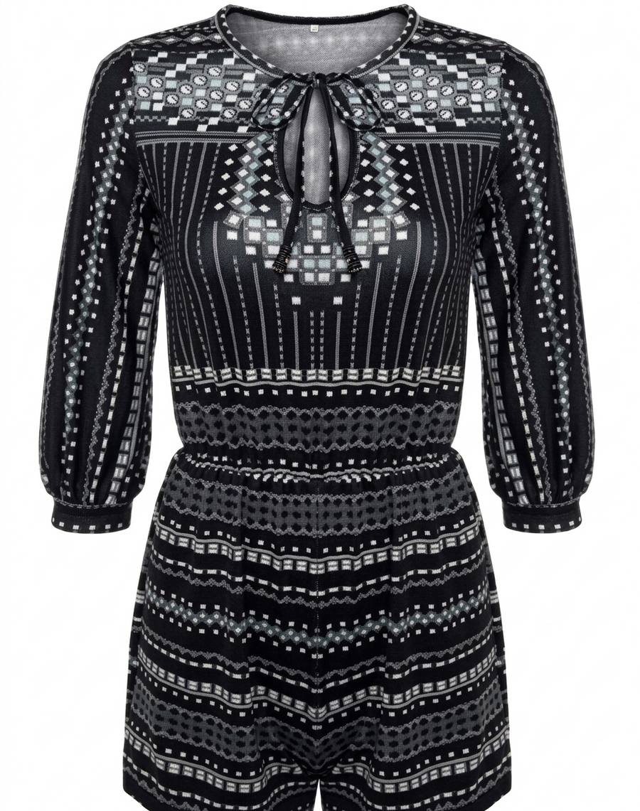 Dame Playsuit | Geometrisk Print Design | V-Hals Kortærmet Jumpsuit | Ferie & Hverdagsbrug | Vanero