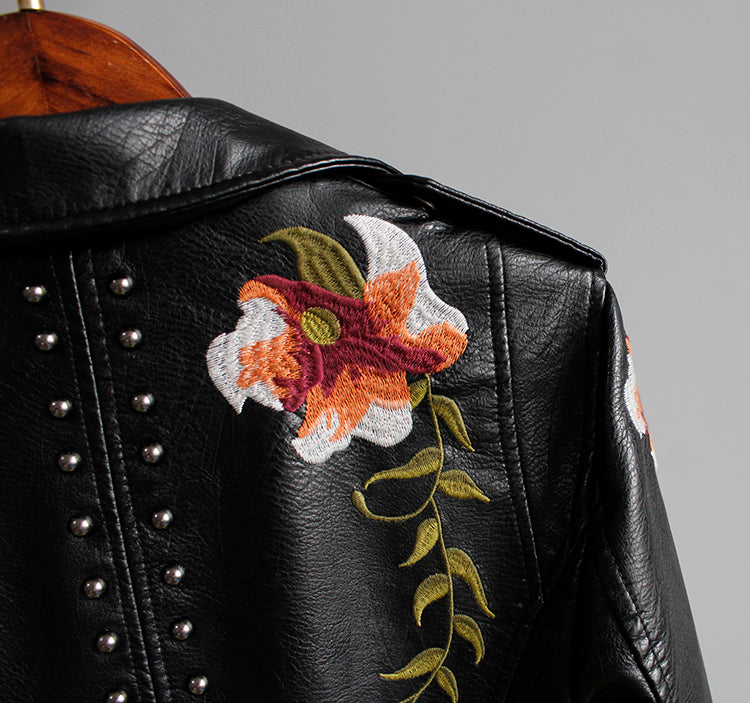 Bikerjakke med Broderi | PU-Læder | Elegant, Unik l Vanero
