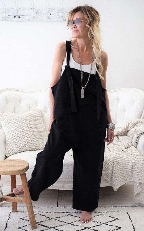 Dame Jumpsuit Bomuldsblanding | Relaxed Fit Ærmeløs Jumpsuit | Bindebælte Design til Hverdagsbrug & Sommeraktiviteter | Vanero