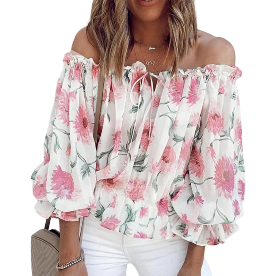 Damebluse Chiffon | Afslappet Pasform Bluse | Blomsterprint med Flæseærmer til Hverdags- og Fritidsbrug | Vanero