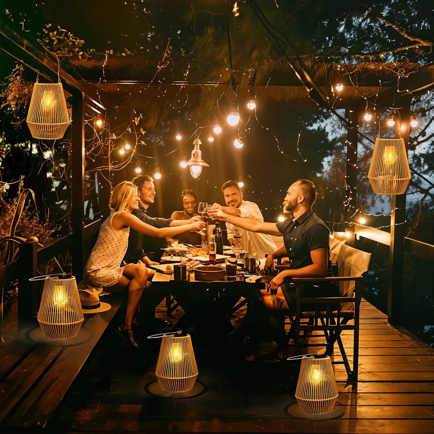 CageRattan Solcellelamper Have | Bambus Solcellelamper - Vandtæt Hængelanterne | Vanero