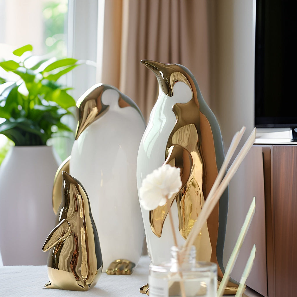 Pingvin Keramikskulptur Dekorativ Figur | Keramisk Konstruktion Med Metallisk Finish | Indendørs Dekoration Til Hylde & Bord | Vanero