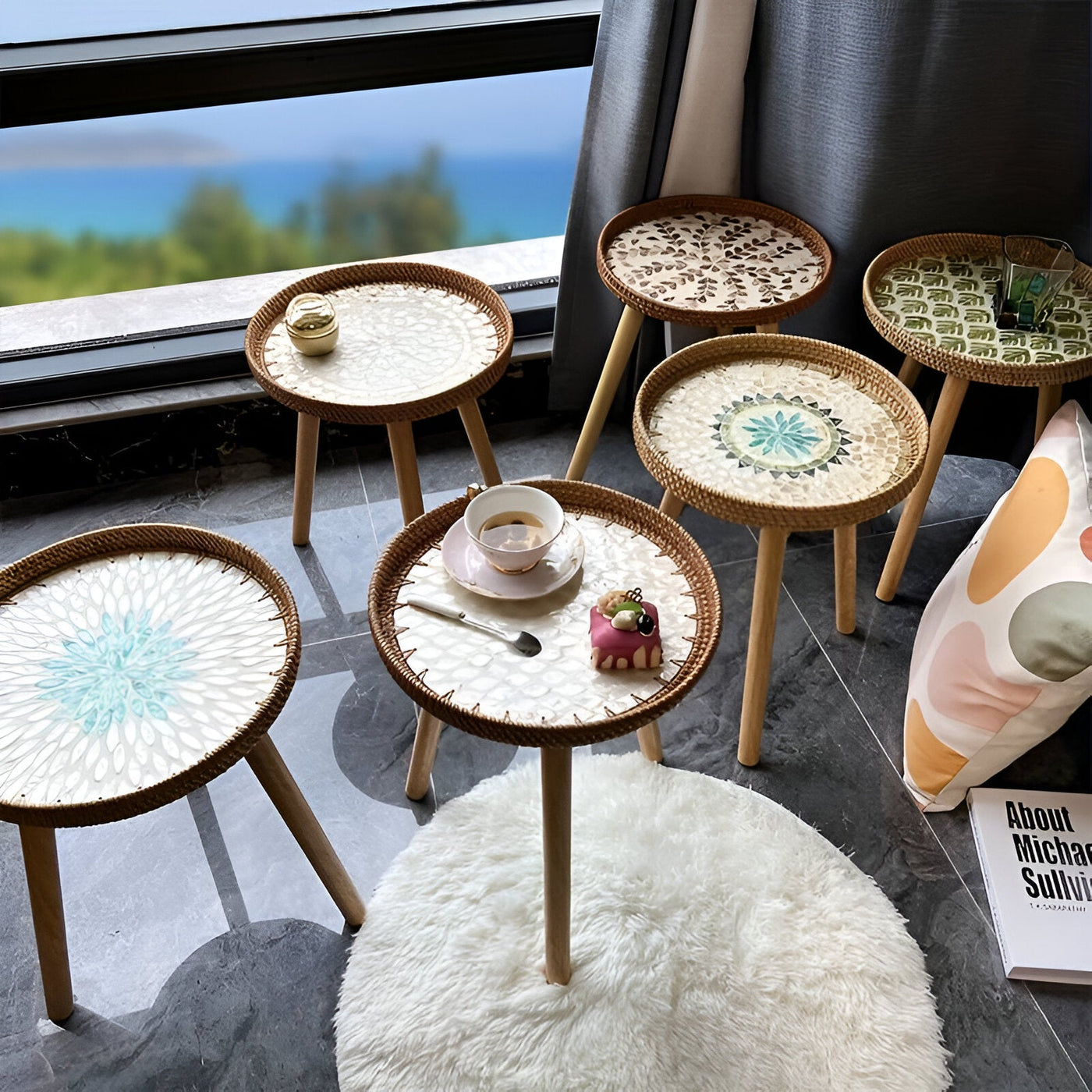 Scandi Sofabord | Håndlavet Rattan Sofabord rundt - Sofabord i Træ | Vanero