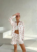 Dame Sæt 100% Bomuld | Relaxed Fit Todelt Sæt | Hjerteprint Overdel & Bukser til Hjemmebrug & Afslappet Stil | Vanero