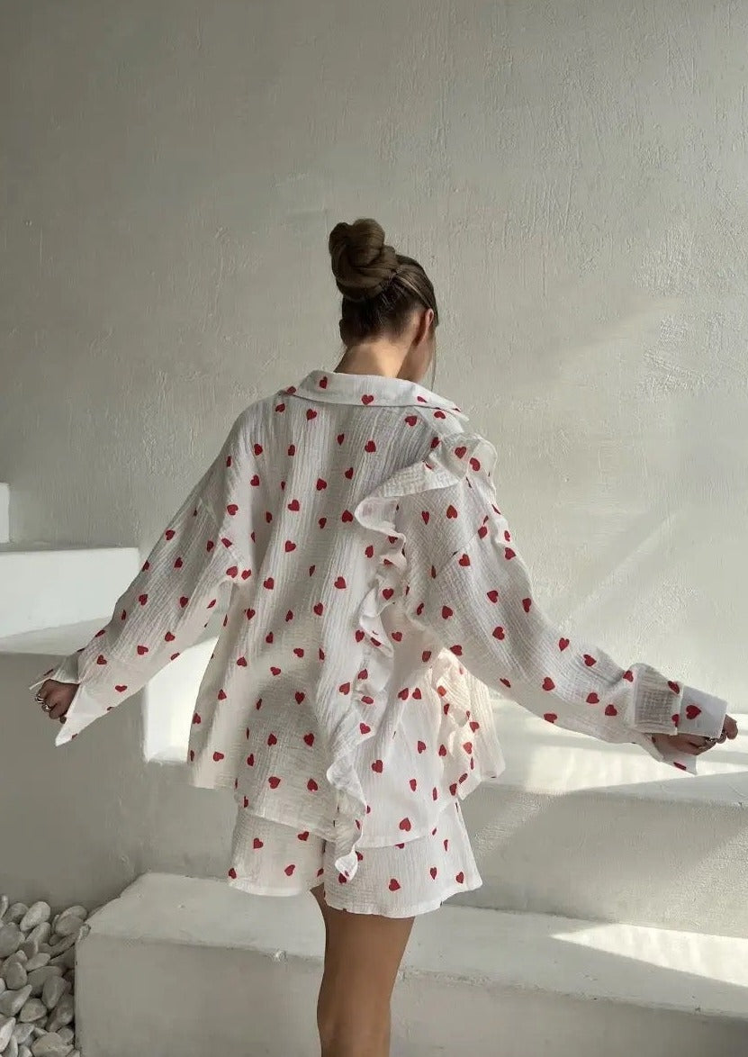 Dame Sæt 100% Bomuld | Relaxed Fit Todelt Sæt | Hjerteprint Overdel & Bukser til Hjemmebrug & Afslappet Stil | Vanero