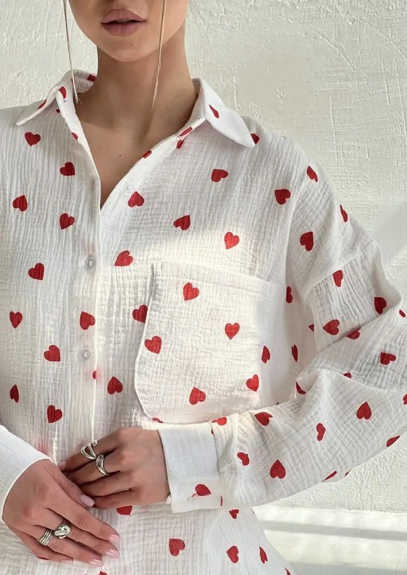 Dame Sæt 100% Bomuld | Relaxed Fit Todelt Sæt | Hjerteprint Overdel & Bukser til Hjemmebrug & Afslappet Stil | Vanero