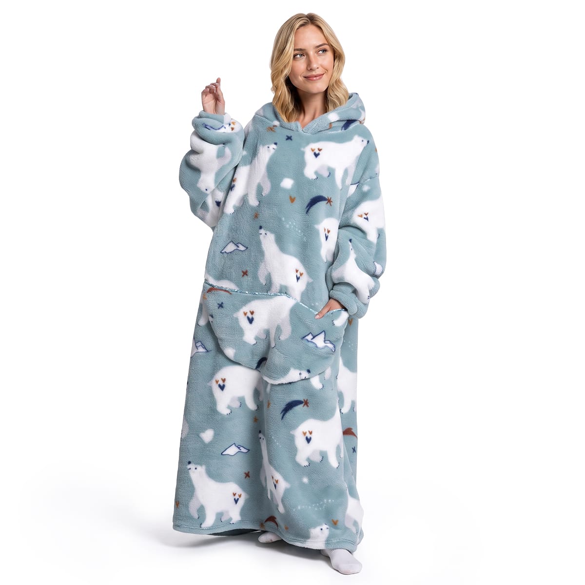 Oversized Tæppepullover Med Hætte | 100 % Polyester-Flanell-Fleece | Langt Bærbart Tæppe Med Stor Frontlomme | Vanero