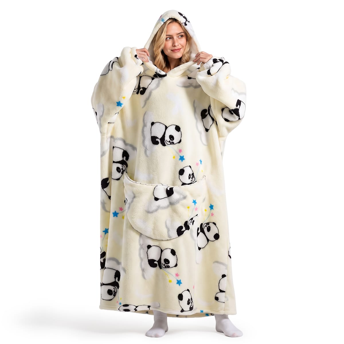 Oversized Tæppepullover Med Hætte | 100 % Polyester-Flanell-Fleece | Langt Bærbart Tæppe Med Stor Frontlomme | Vanero