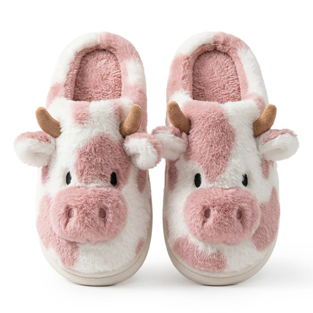 Husko Med Ko-Motiv I Kunstpels | Plushfor & Struktureret EVA-Sål | Slip-On Indendørs Husko Med Dekorative Detaljer | Vanero