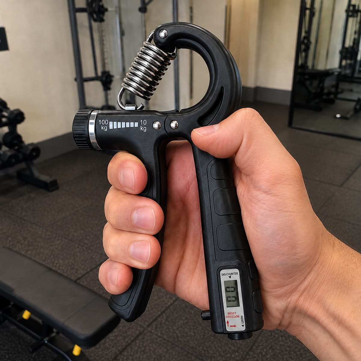 Justerbar Håndtræner | 10–100 kg Modstand & Repetitionsoptæller | Kompakt Grebstræner Med Display Til Fitnessøvelser | Vanero