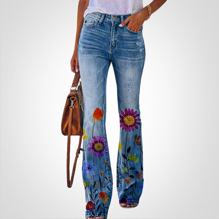 Dame Jeans Bomuldsblanding | Slim Fit Denim Jeans Med Blomsterprint | Knap- Og Lynlåslukning Til Hverdagsbrug & Fritid | Vanero
