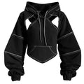 Dame Cropped Hoodie | Skulderudskæringer & Kontrastsømme | Hættetrøje Med Snøre & Lange Ballonærmer Til Streetwear | Vanero