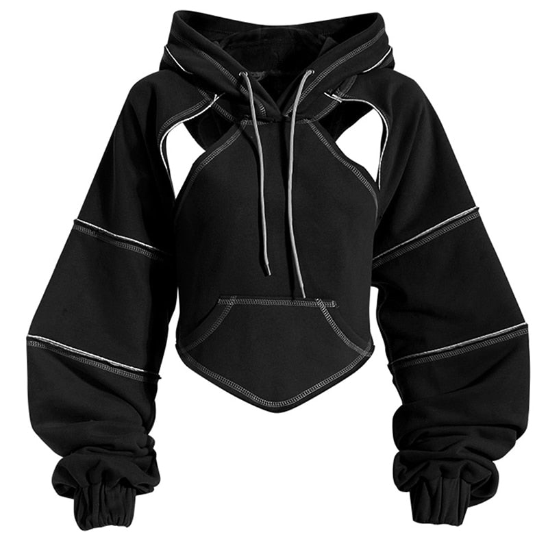 Dame Cropped Hoodie | Skulderudskæringer & Kontrastsømme | Hættetrøje Med Snøre & Lange Ballonærmer Til Streetwear | Vanero
