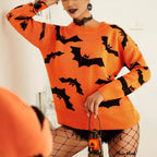 Dame Halloween Trøje i Polyester | Rund Hals Jacquard Flagermusdesign | Langærmet Pullover Til Efterår & Vinter | Vanero