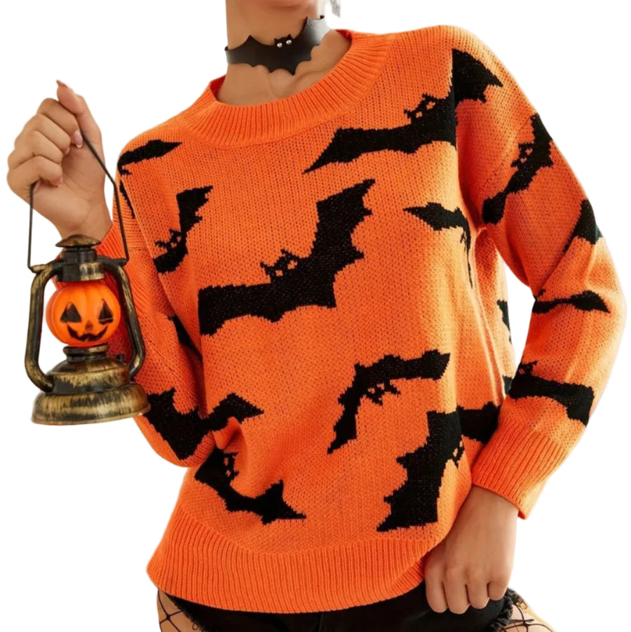 Dame Halloween Trøje i Polyester | Rund Hals Jacquard Flagermusdesign | Langærmet Pullover Til Efterår & Vinter | Vanero