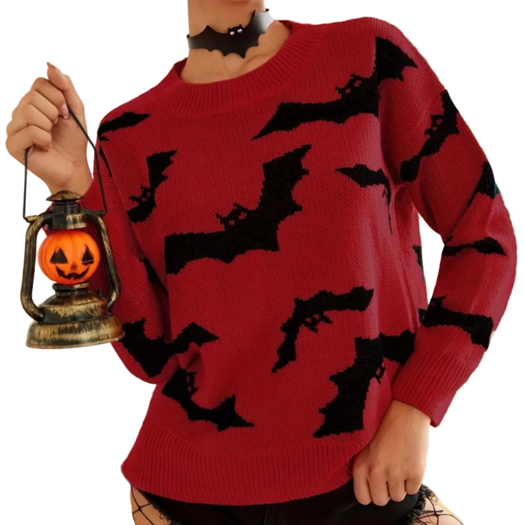 Dame Halloween Trøje i Polyester | Rund Hals Jacquard Flagermusdesign | Langærmet Pullover Til Efterår & Vinter | Vanero
