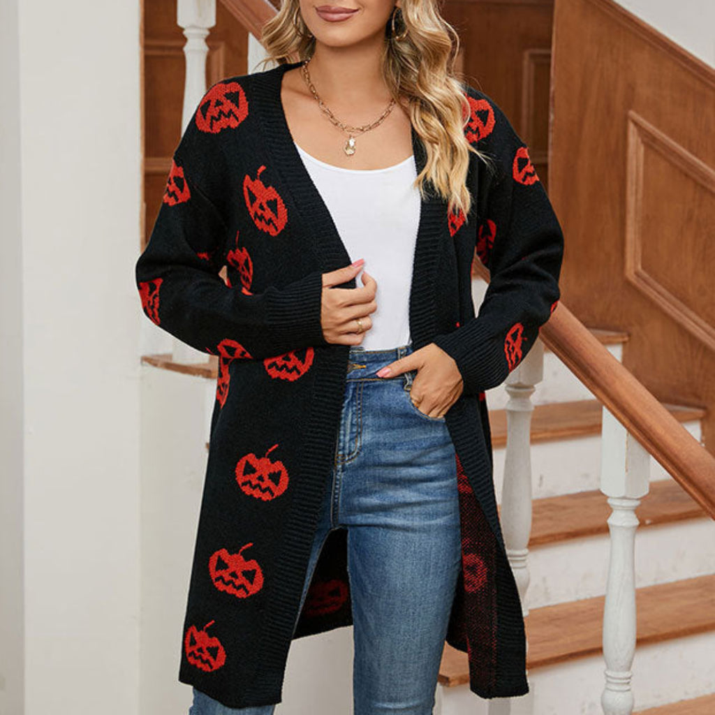 Dame Halloween Cardigan | Græskarmønster & Lang Pasform | Sæsonlag Til Hverdagsbrug Om Efteråret & Halloween | Vanero